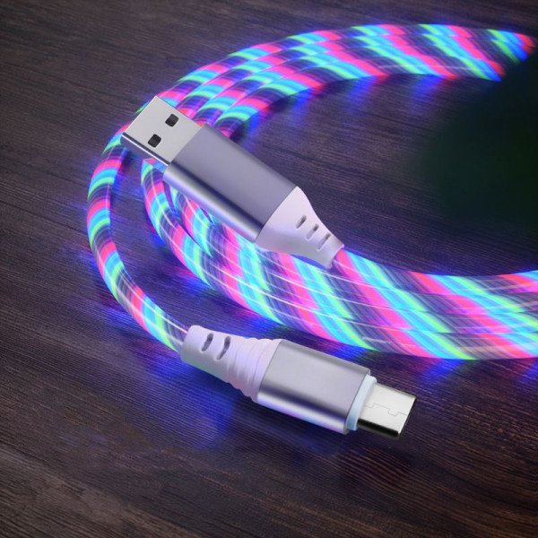 Wholesale 2.4A RGB LED Light Durable USB Cable for Type-C / USB-C 3FT (Silver)